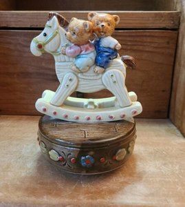 Vintage Otagiri Music Box Bears Riding Rocking Horse Plays Edelweiss